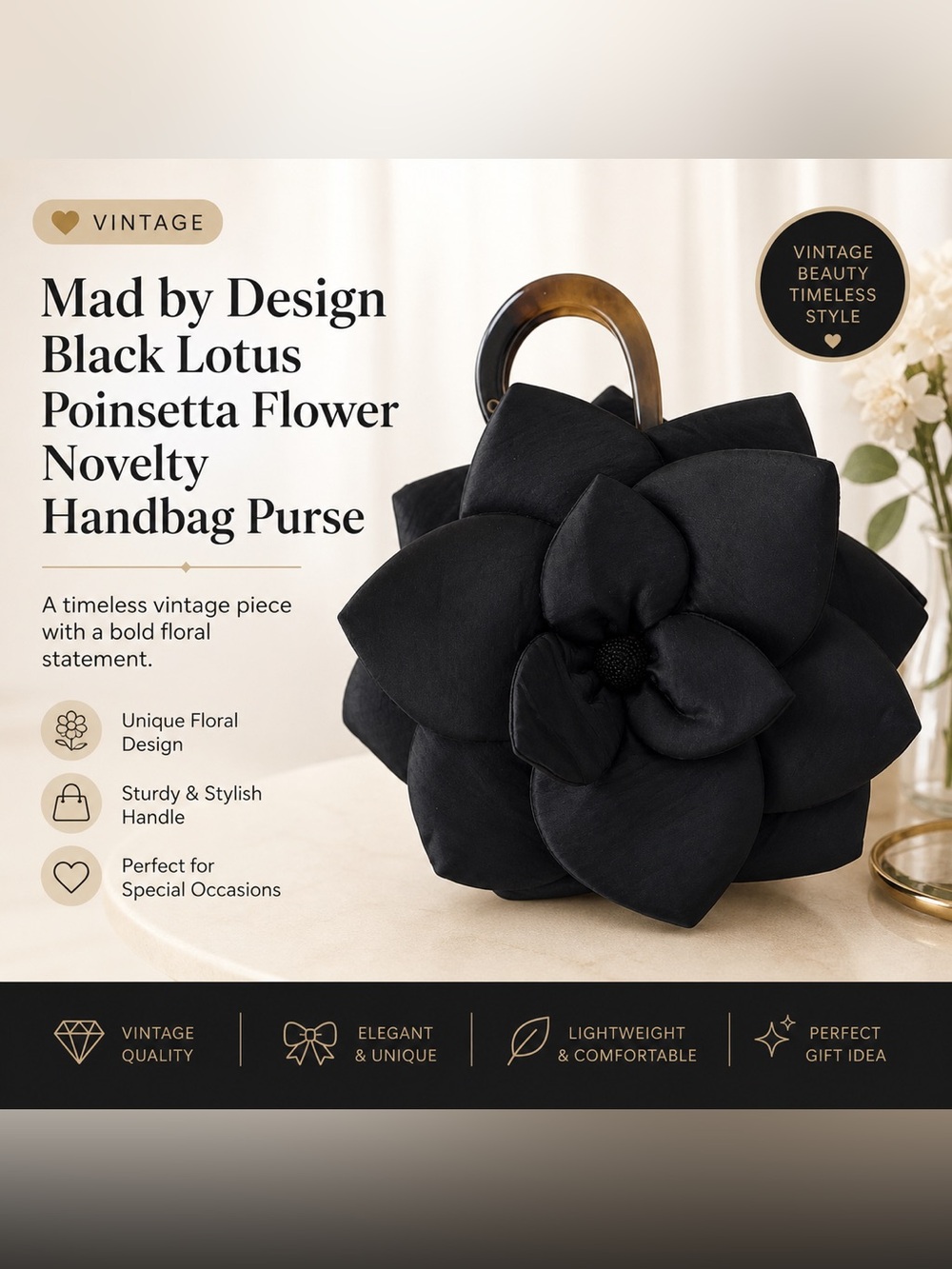 🤍Mad by Design Black Lotus Poinsetta Flower Novelty Handbag Purse 🤍
